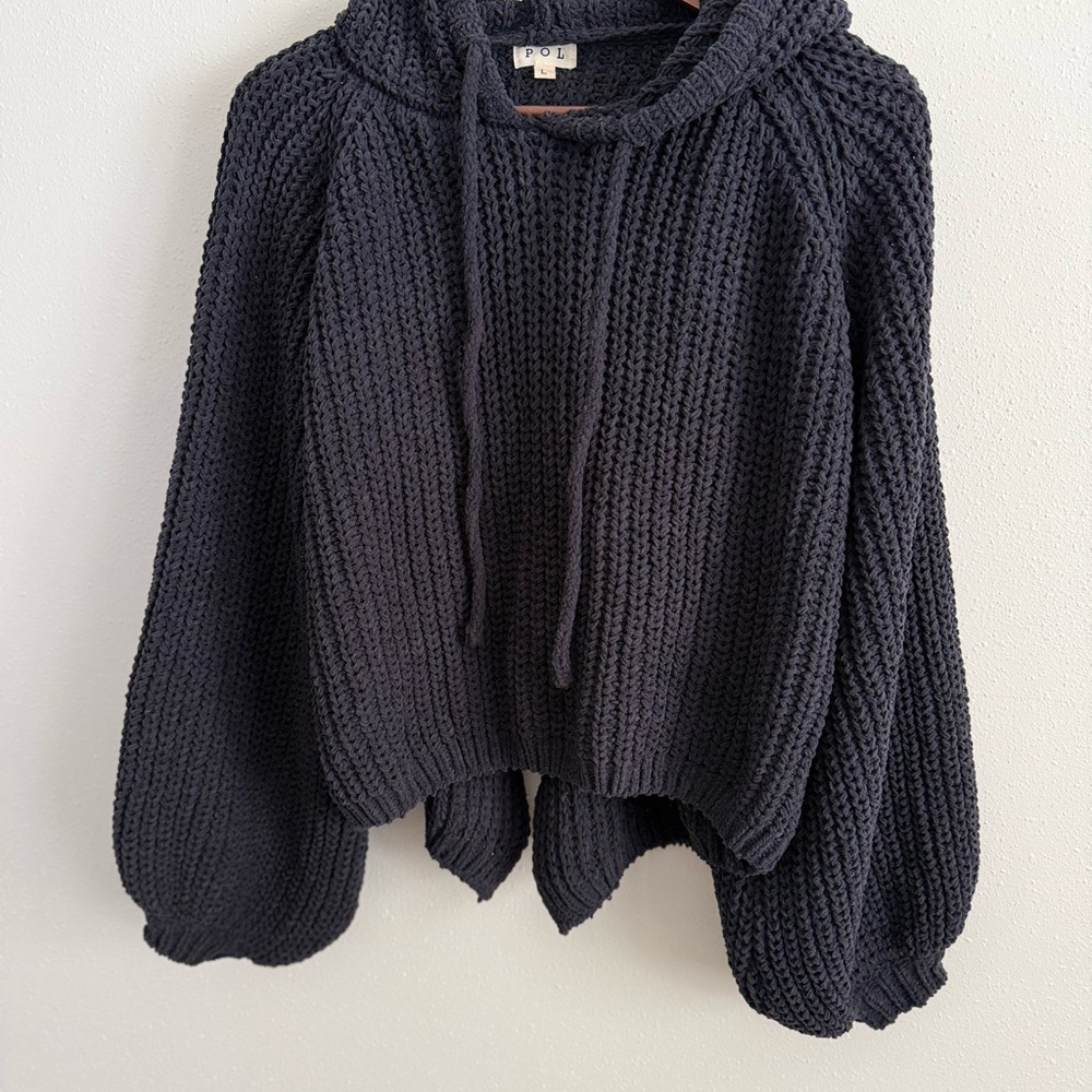 POL Chunky Knit Cropped Hoodie Sweater Charcoal Boho Oversized Large